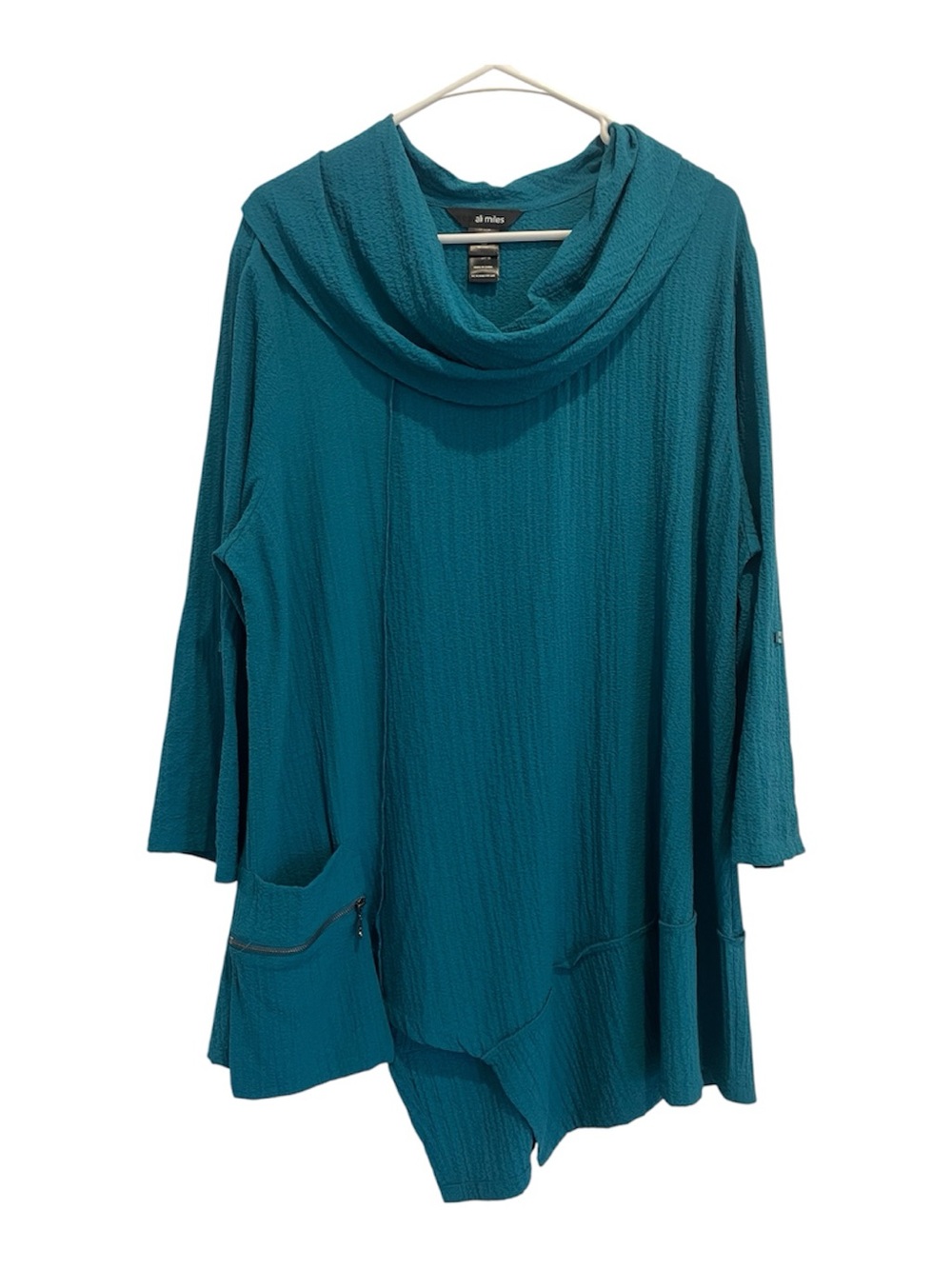 Ali Miles Textured Teal Cowl-Neck Tunic Top